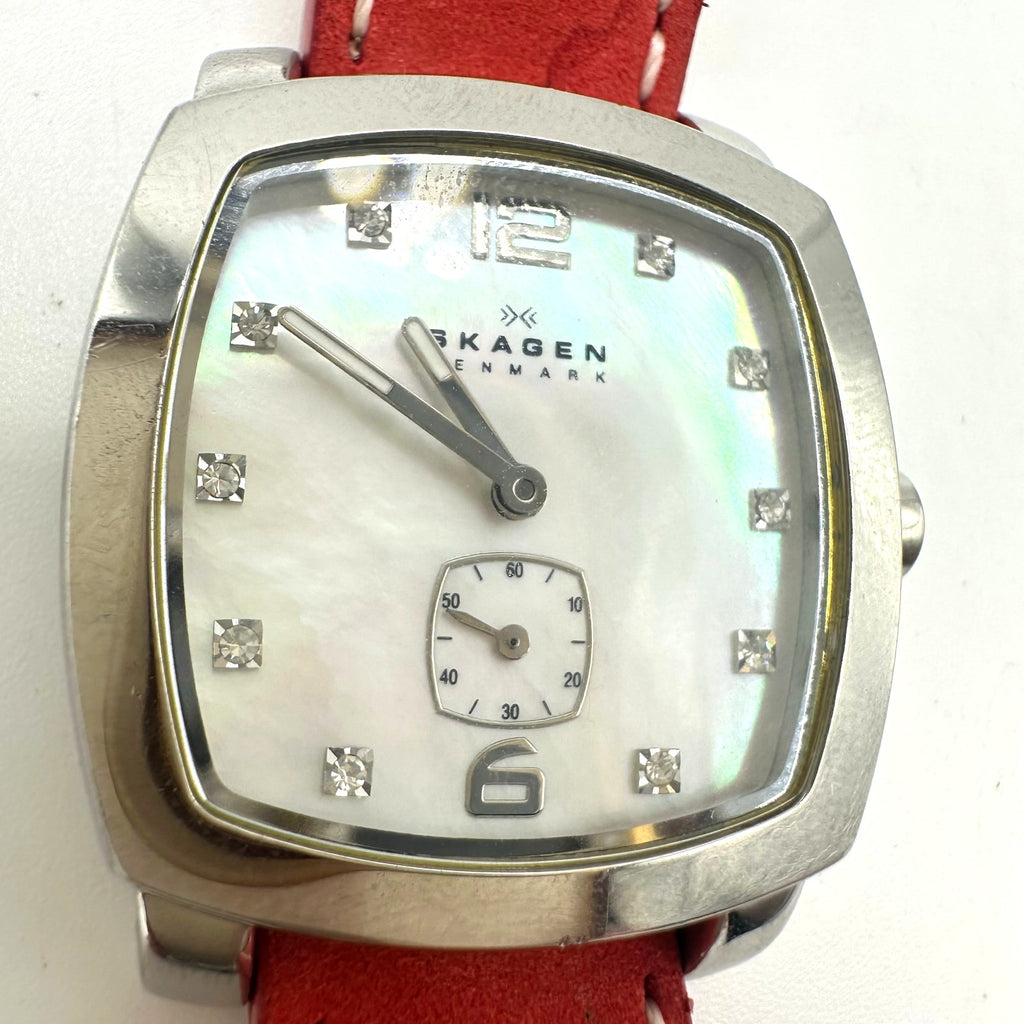 Skagen quartz silver tone mother of pearl rounded square dial red leather watch