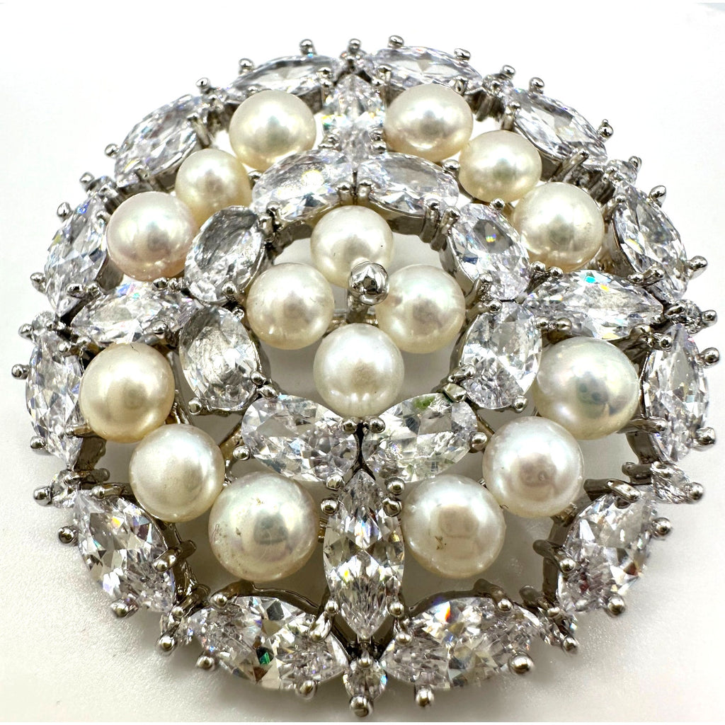 High end silver tone clear cubic zirconia CZs freshwater pearls brooch pendant