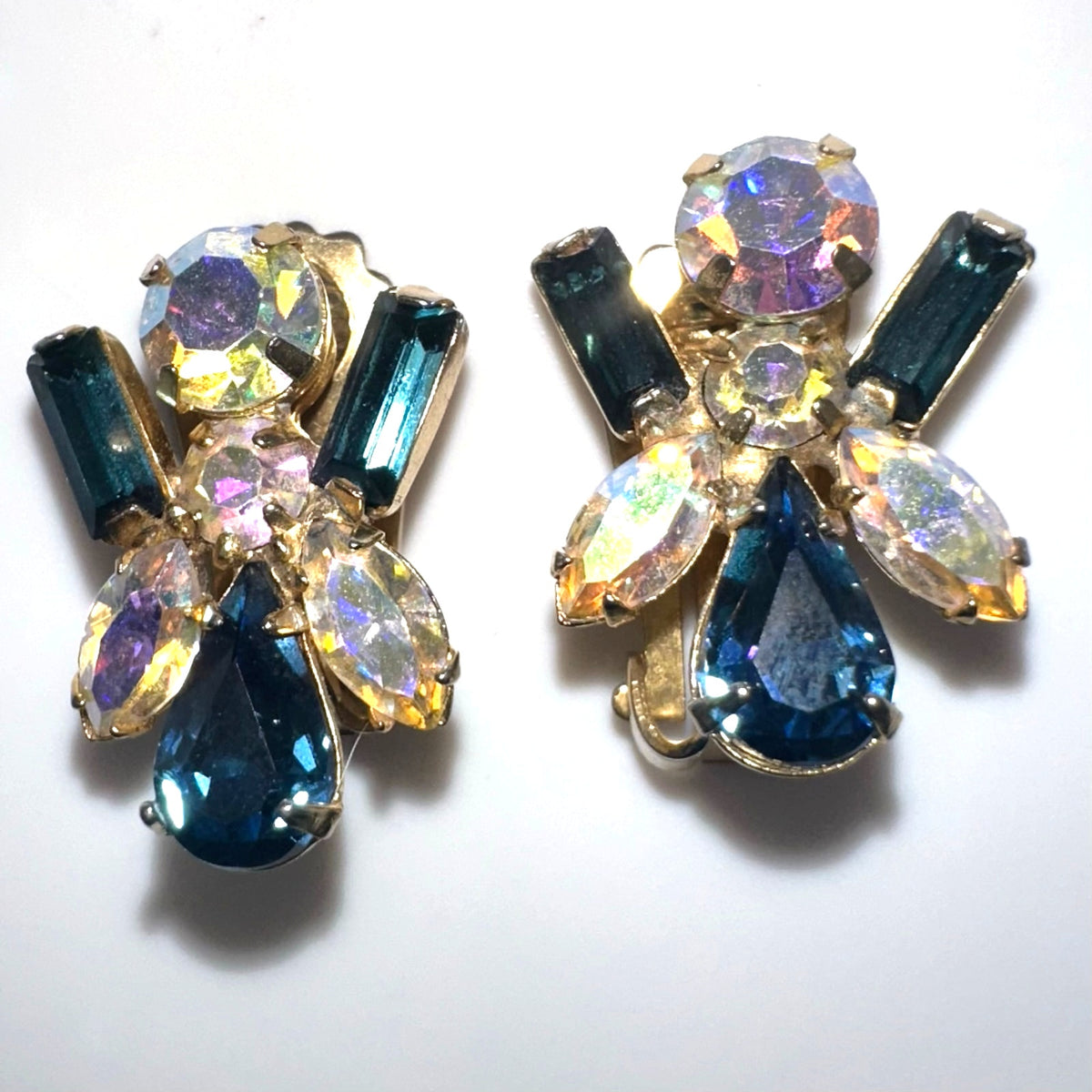Vintage 1950s gold tone blue aurora borealis AB rhinestones clip on earrings