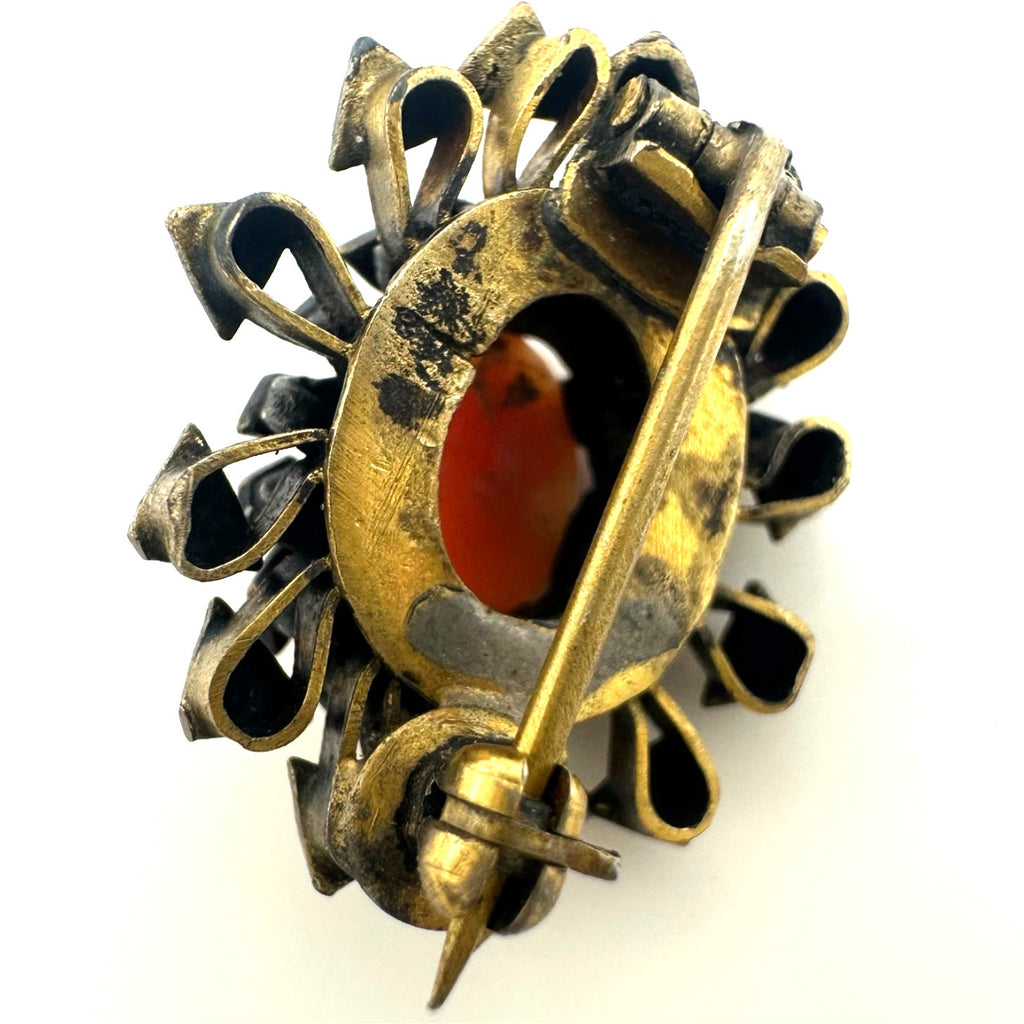 Antique Victorian 1800s gold filled carved red coral cameo dainty tiny brooch