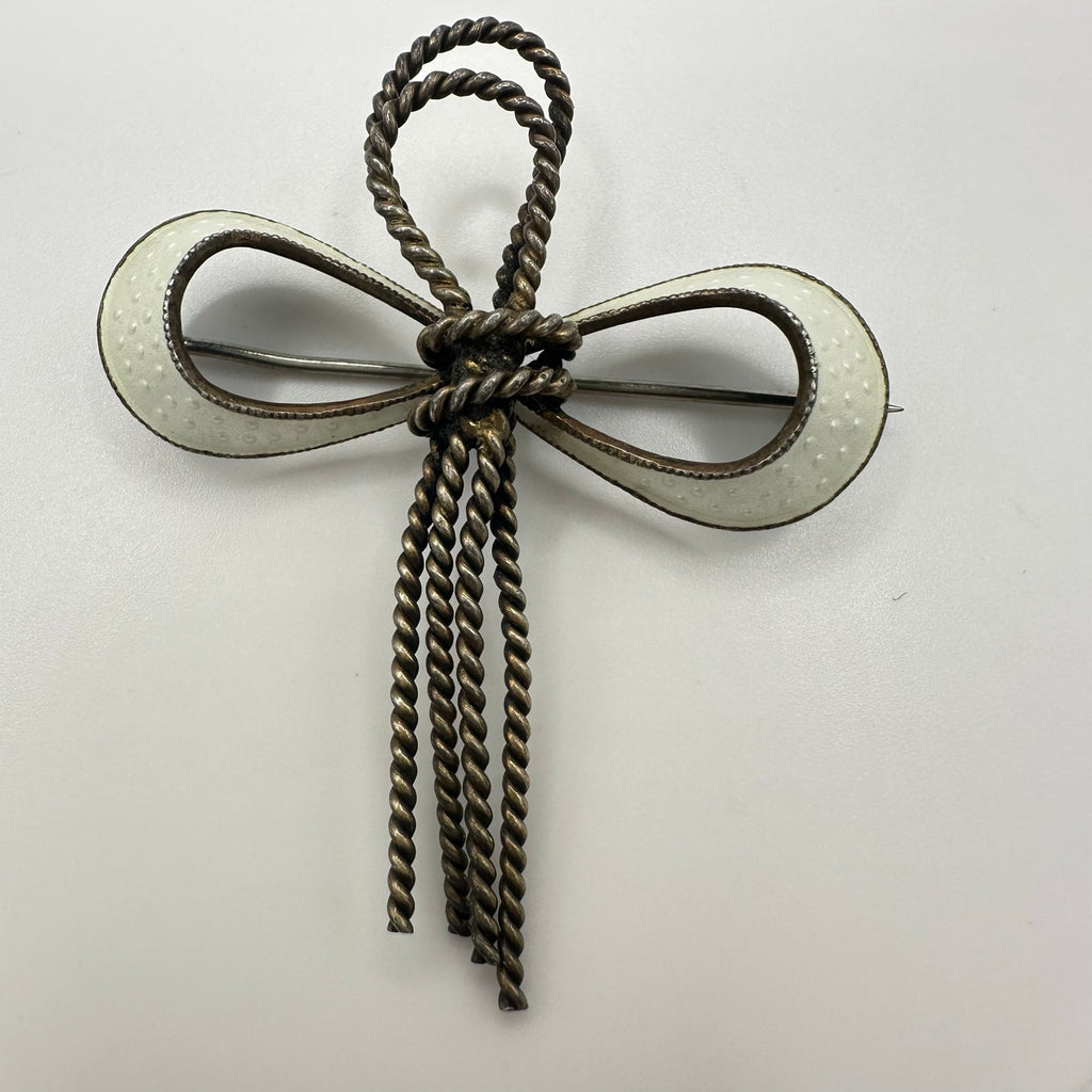 N. A. Jorgensen Norway 925 sterling silver white guilloche enamel bow brooch