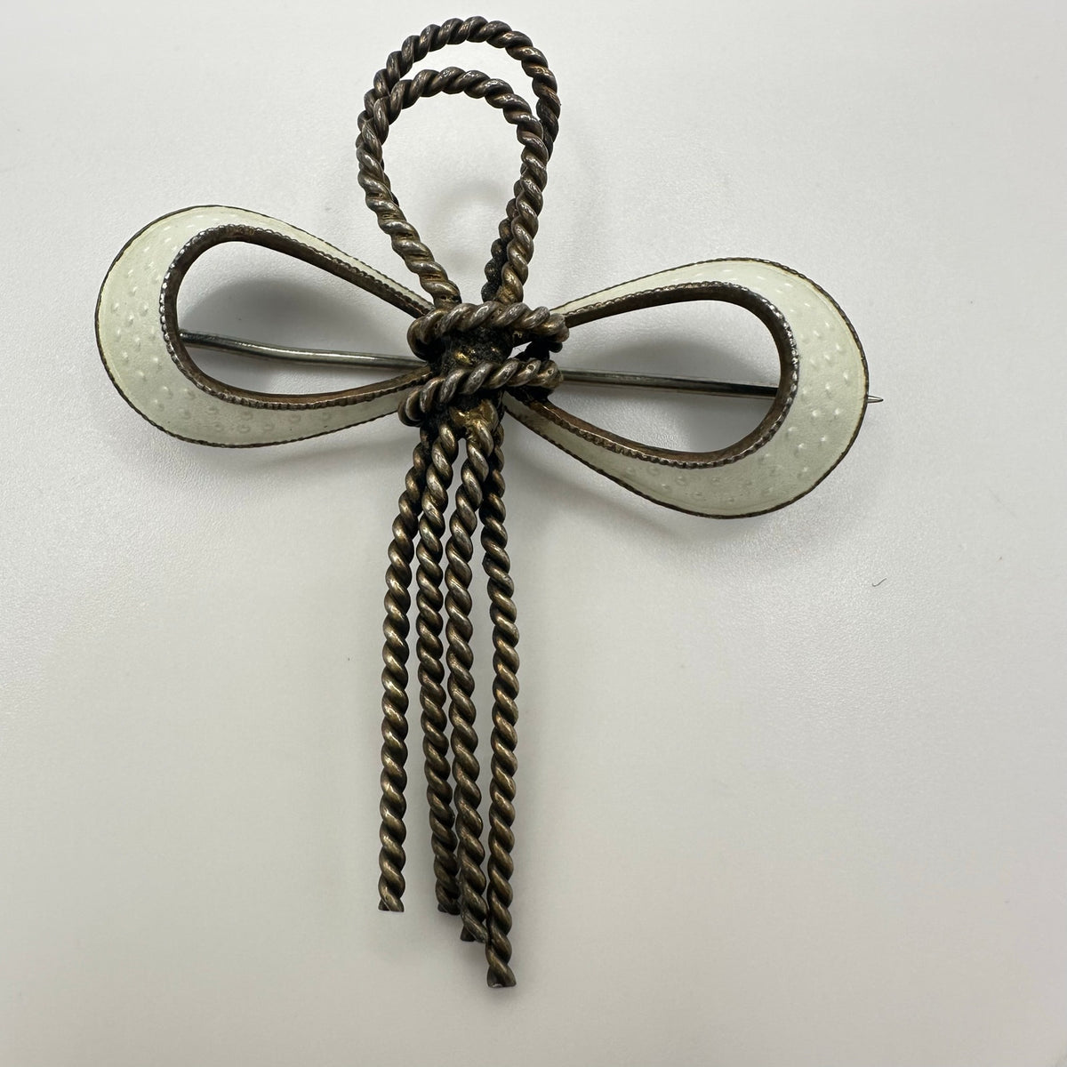 N. A. Jorgensen Norway 925 sterling silver white guilloche enamel bow brooch