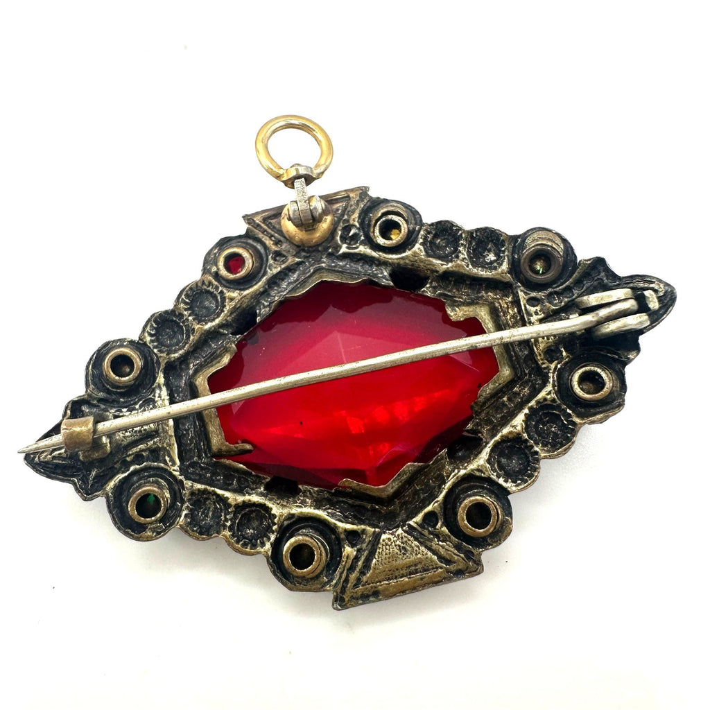 Antique Art Deco 1920s brass multicolor Czech glass rhinestones brooch pendant