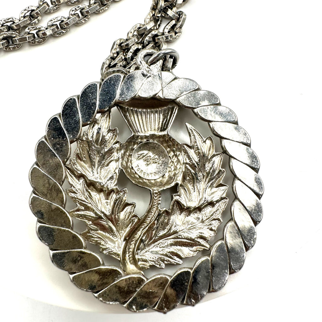 Dafri vintage silver tone Scottish thistle floral round pendant 18" necklace