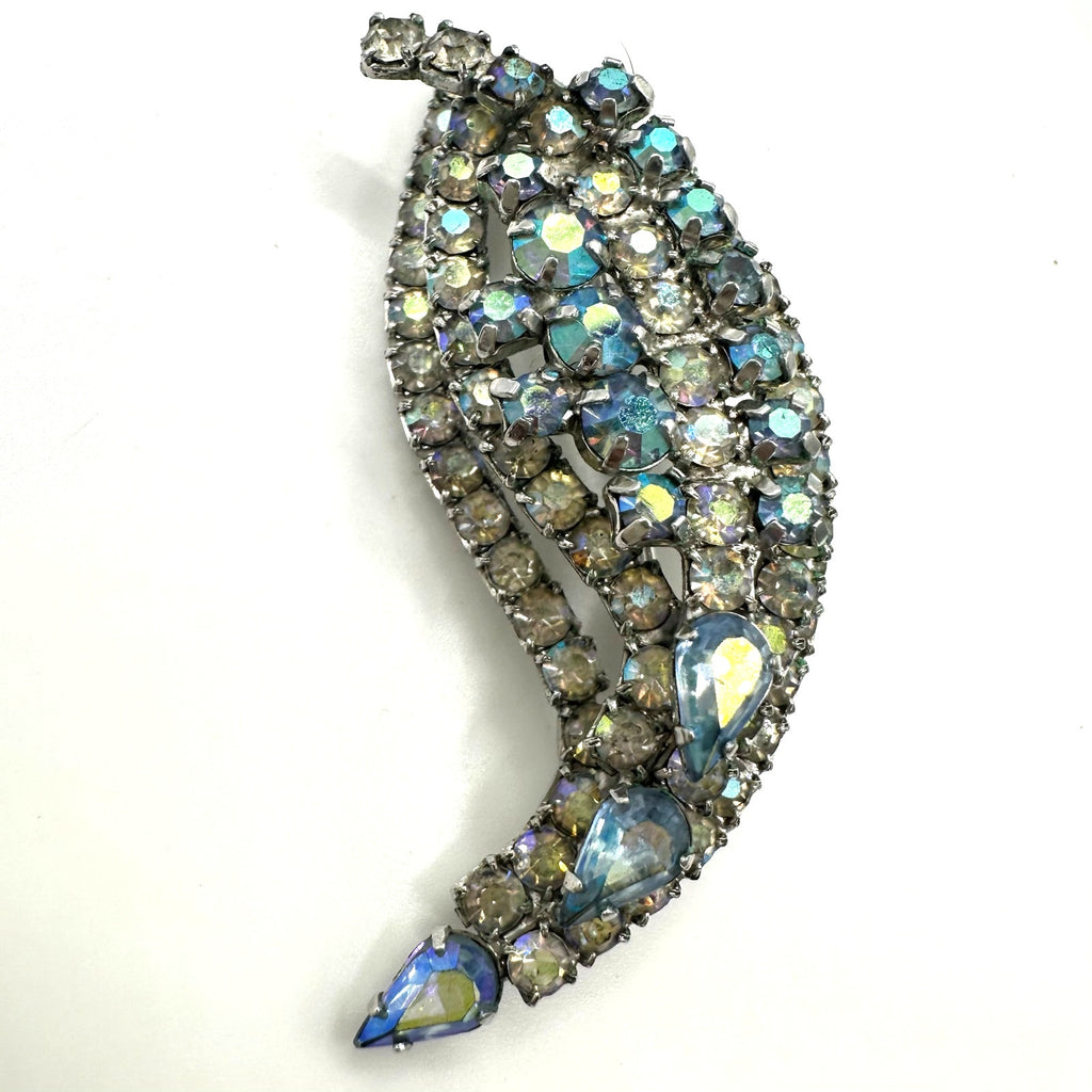 Jay Flex signed vintage sterling silver clear blue AB rhinestones paisley brooch