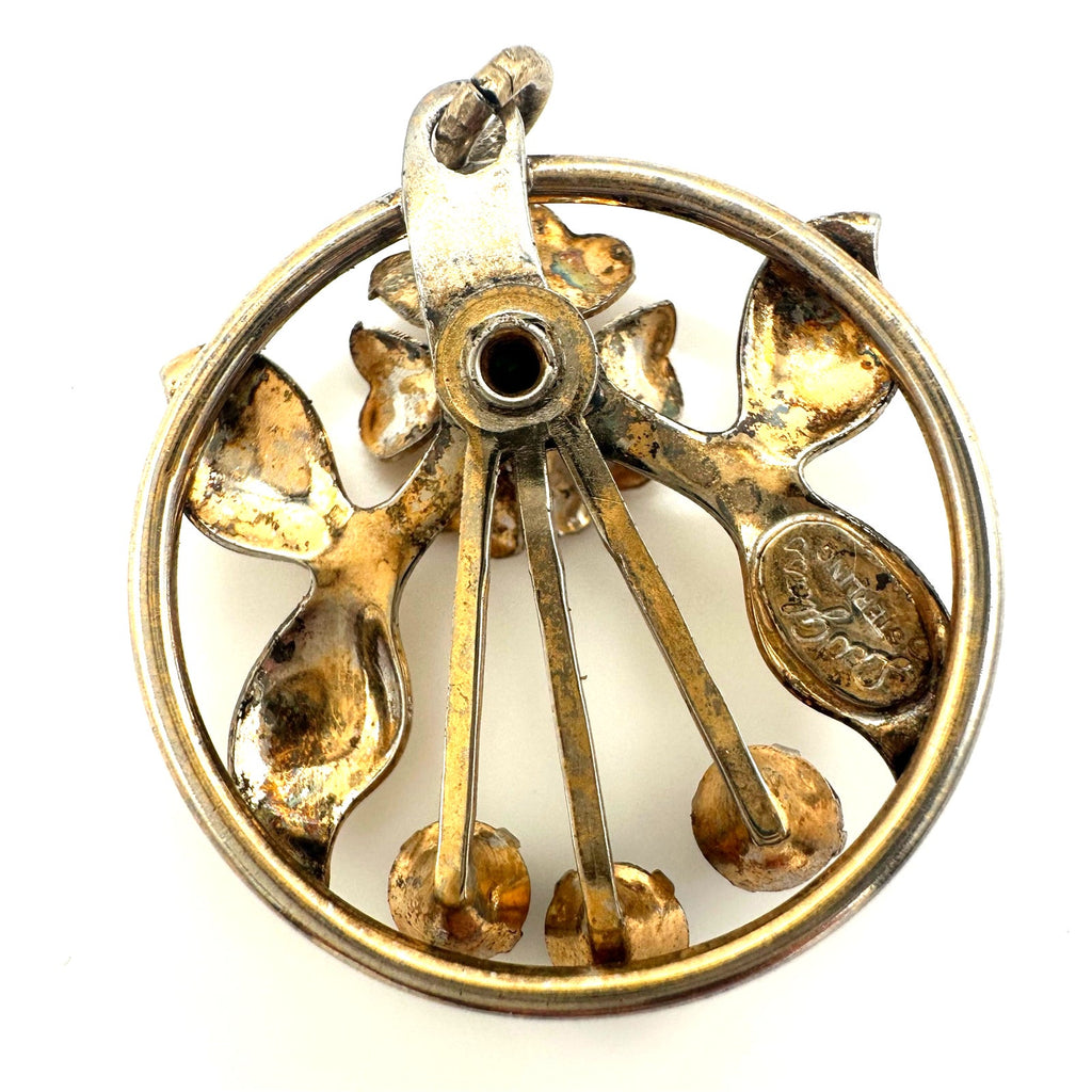 Leo Glass vintage sterling silver gold vermeil green clear rhinestones pendant