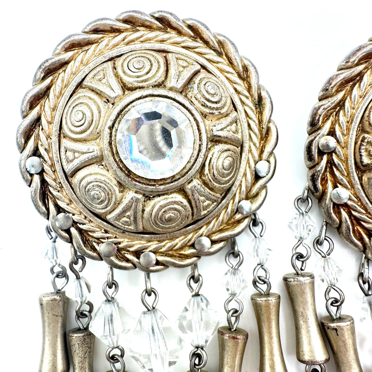 Vintage champagne gold tone clear beaded crystal drops dangle clip on earrings