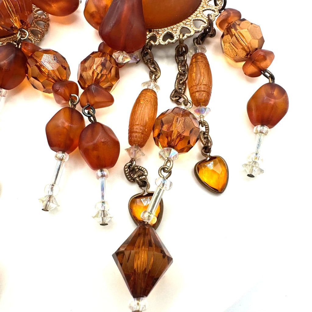 Vintage gold tone amber lucite beaded 4" dangle drop statement clip on earrings