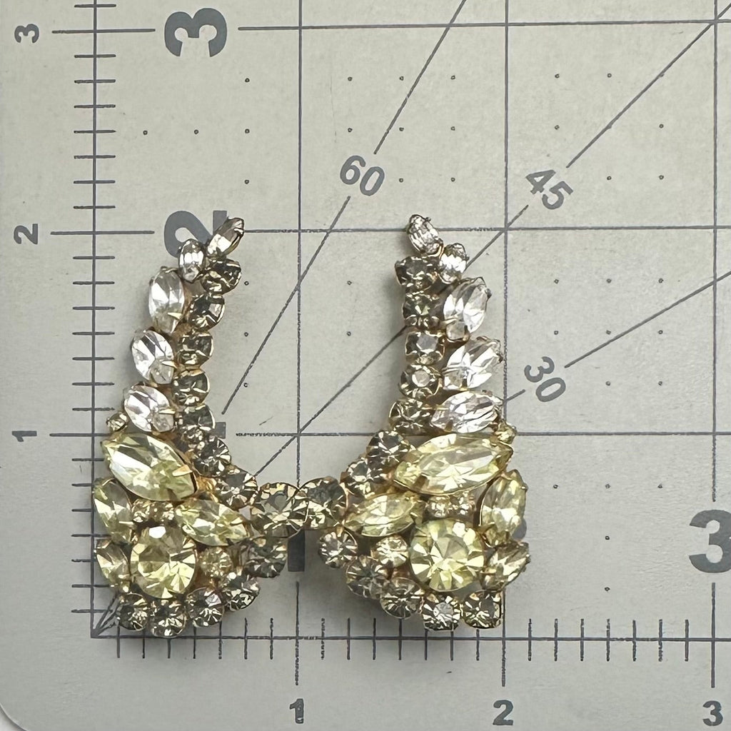 Vintage gold tone yellow smoky gray clear rhinestones crawler clip on earrings