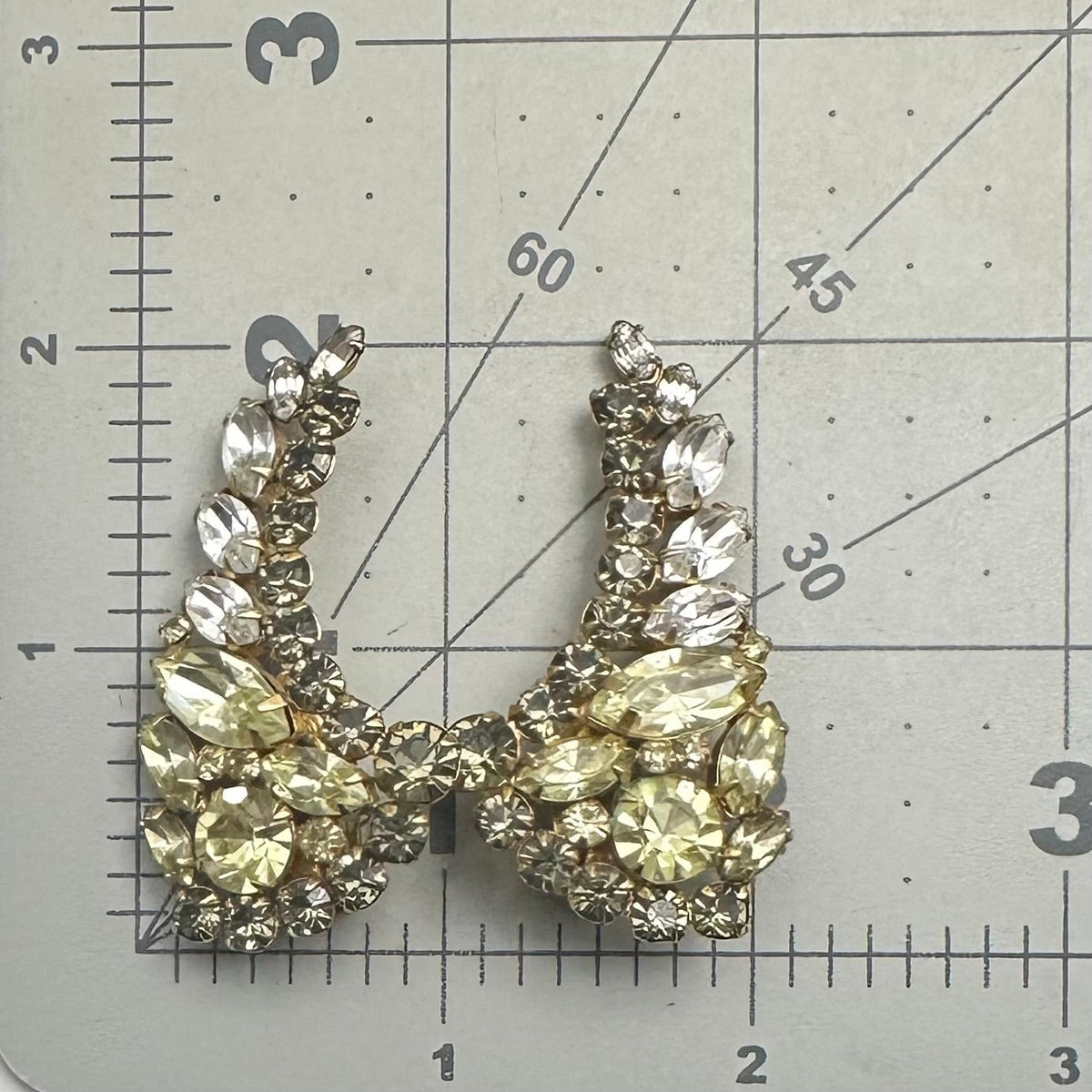 Vintage gold tone yellow smoky gray clear rhinestones crawler clip on earrings
