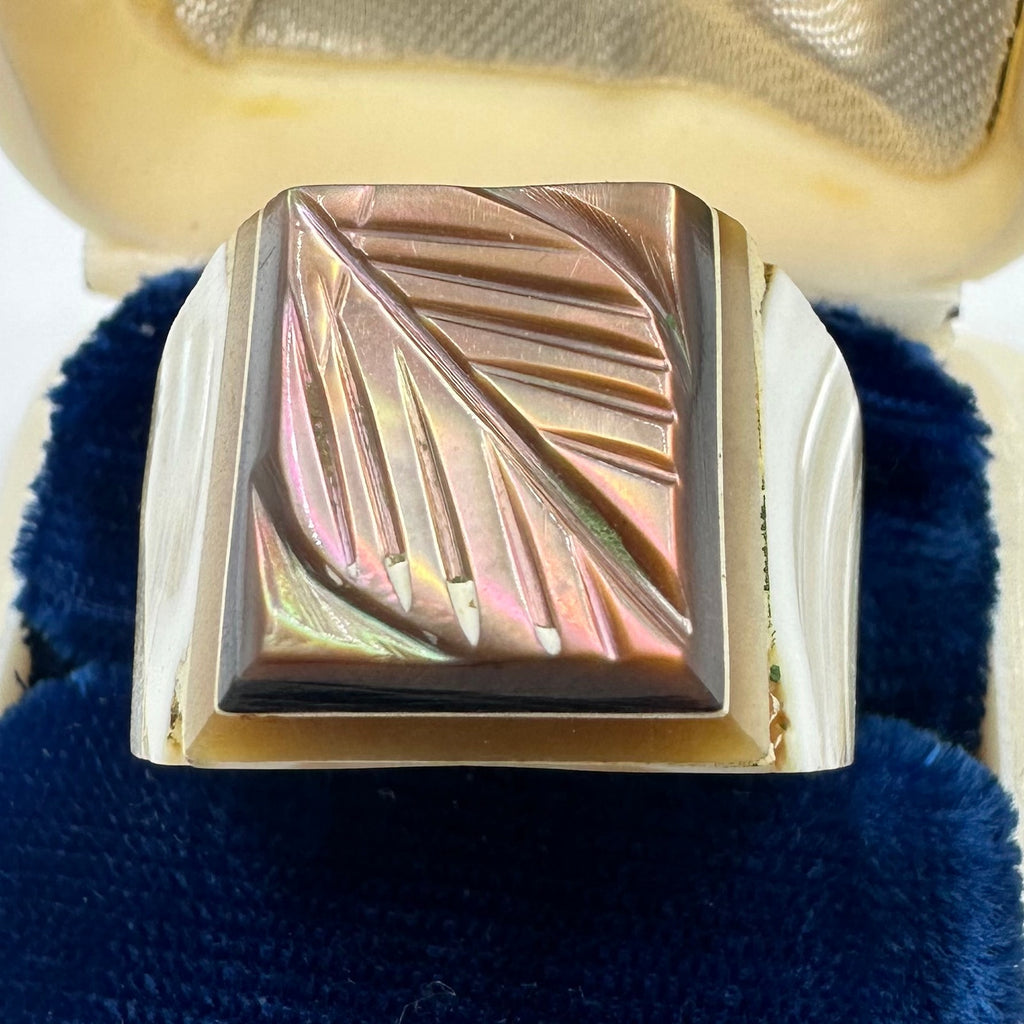 Vintage antique carved genuine abalone mother of pearl statement ring size 6.5