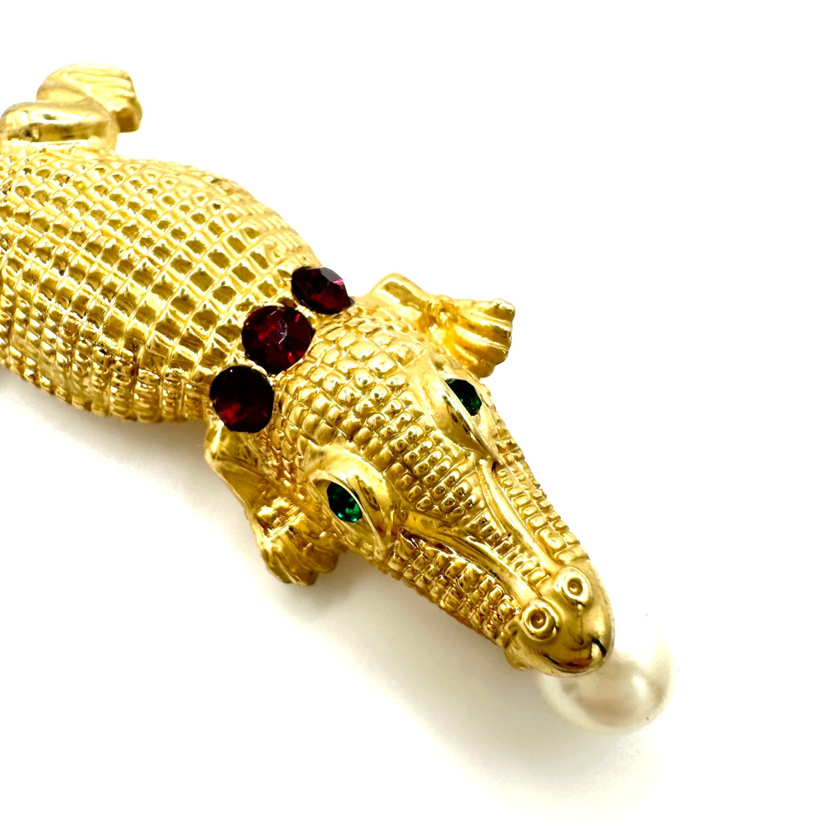 Vintage large gold tone red green rhinestones pearl alligator figural brooch