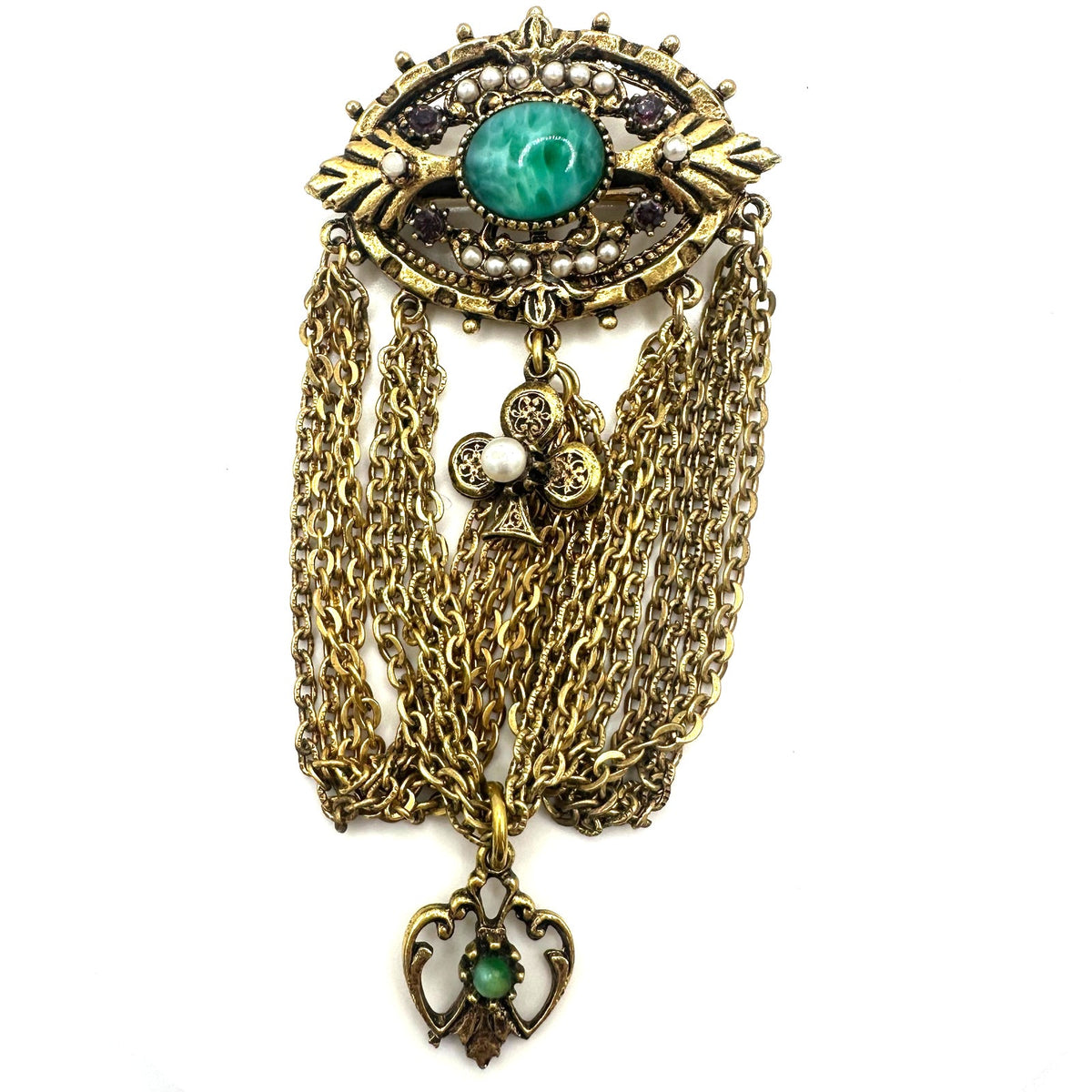 ART Victorian Revival gold tone swag chains rhinestones art glass brooch