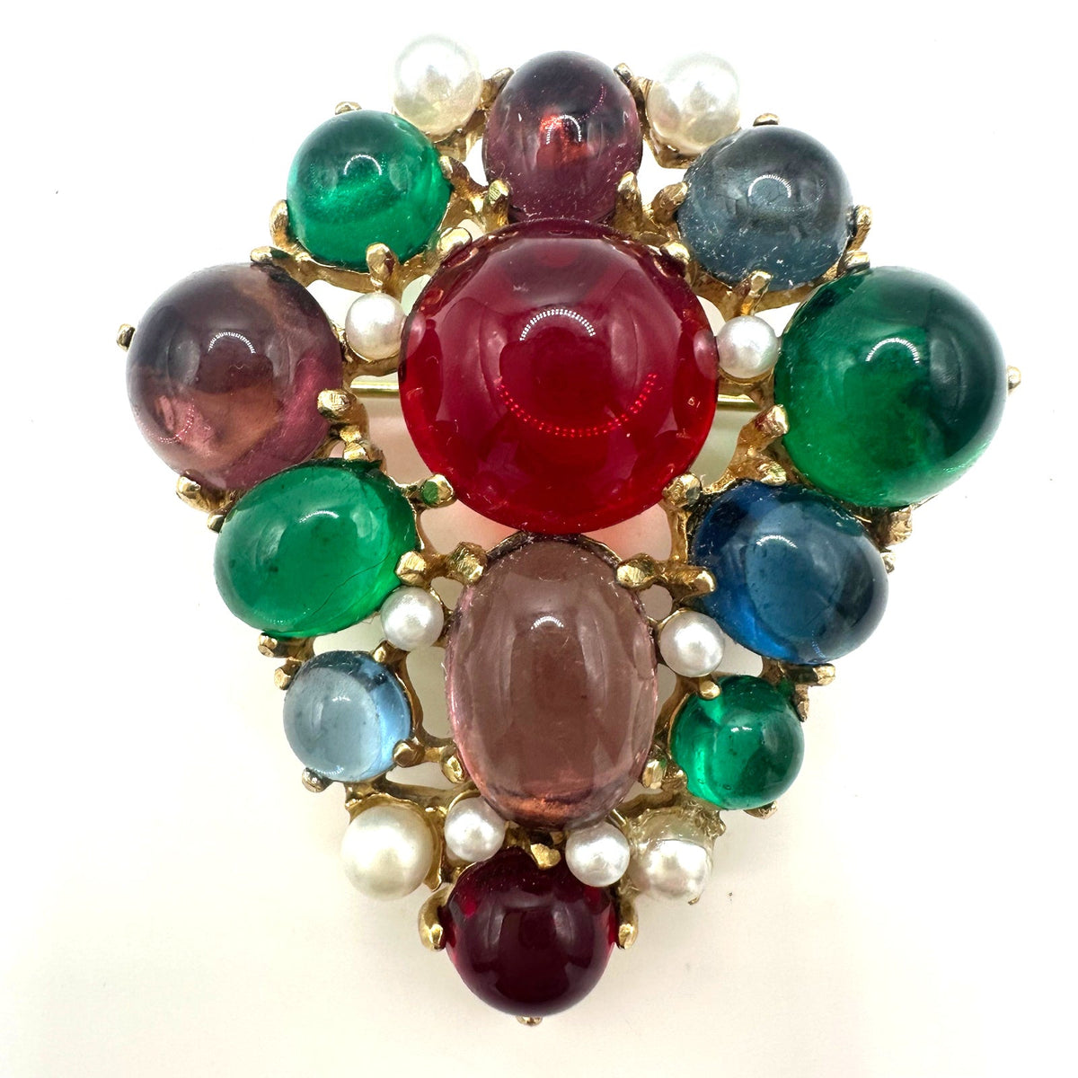 Vintage gold tone multicolor Moghul style glass cabochons pearls brooch pendant