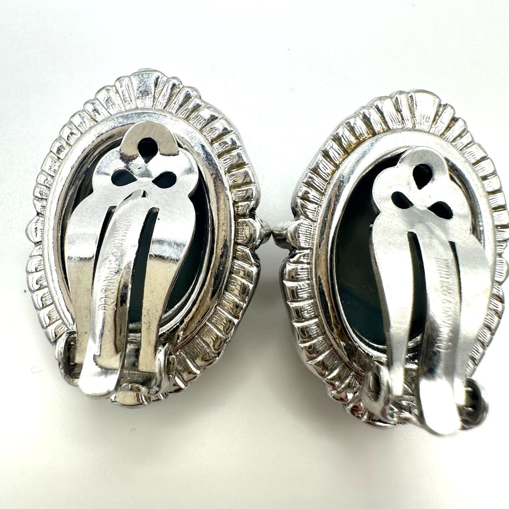 Whiting & Davis signed vintage silver tone gray resin cameos clip on earrings