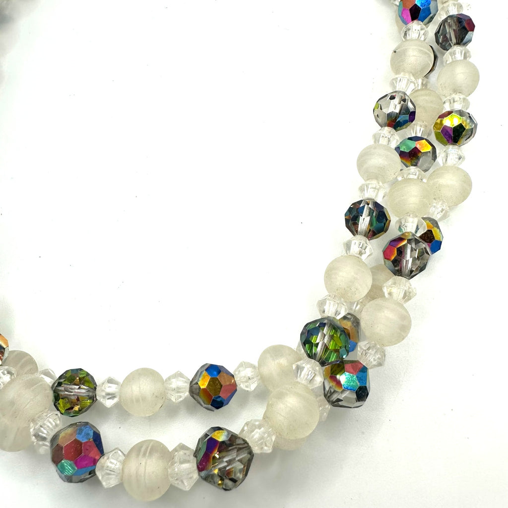 Vintage 3 strand watermelon AB aurora borealis white art glass beaded necklace