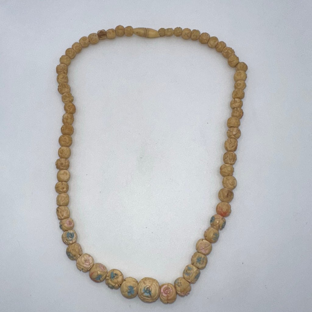 Antique Art Deco carved cream pink bovine bone graduated beads beaded necklace