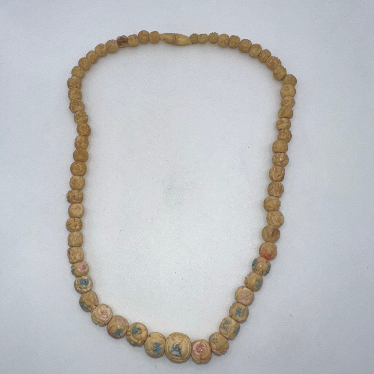 Antique Art Deco carved cream pink bovine bone graduated beads beaded necklace