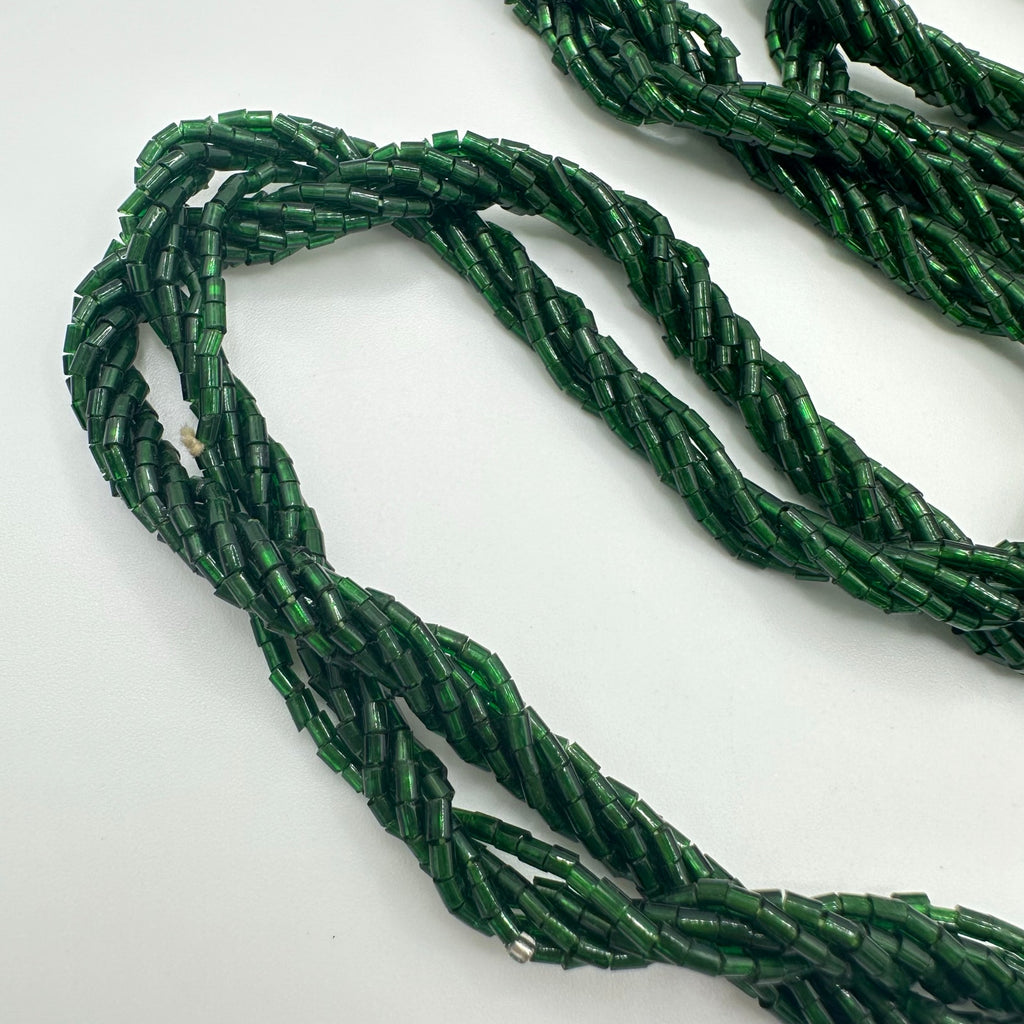 Antique vintage emerald green art glass tube beads beaded twisted necklace