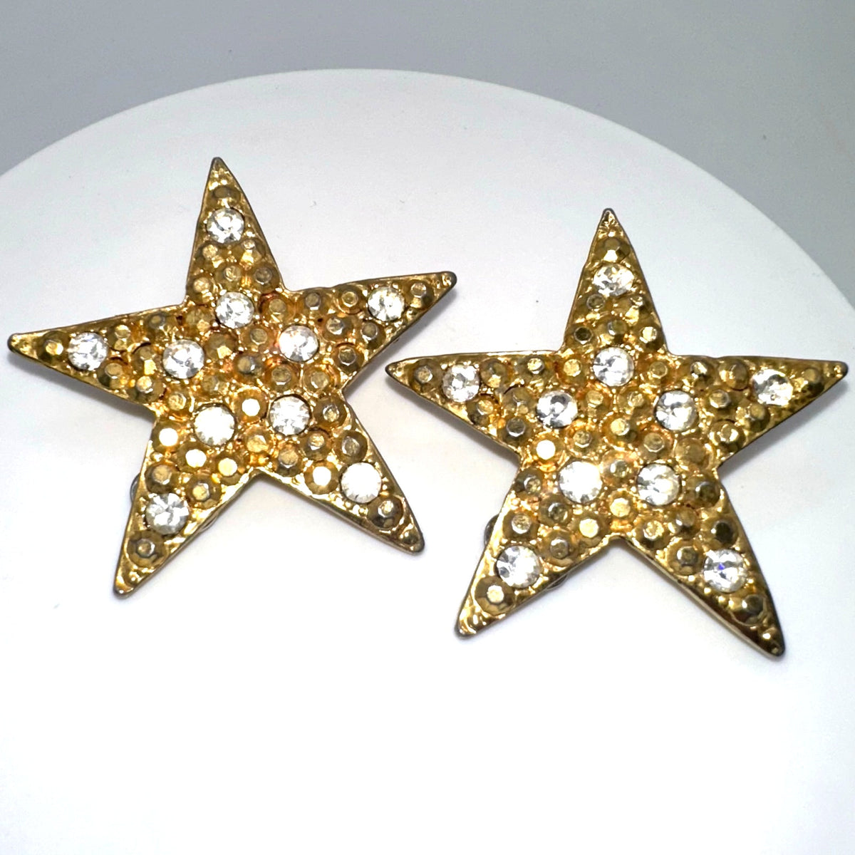 Vintage 1990s gold tone clear rhinestones 5 point stars clip on earrings