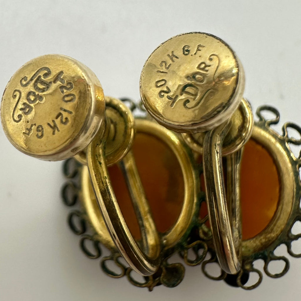 D’or vintage 12kt gold filled carved shell cameos screw back earrings
