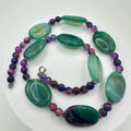 All semiprecious green pink purple dyed banded agate beads beaded necklace