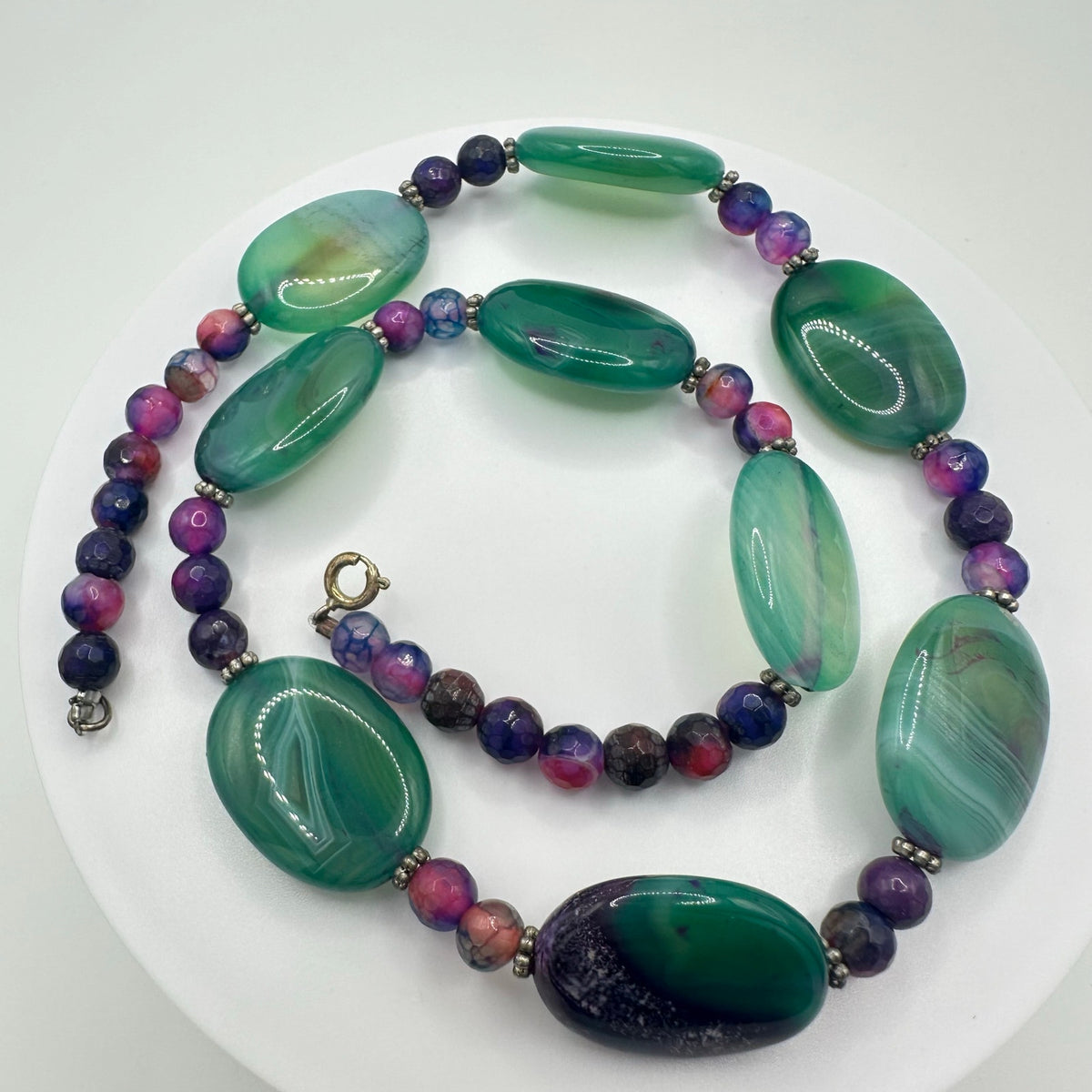 All semiprecious green pink purple dyed banded agate beads beaded necklace