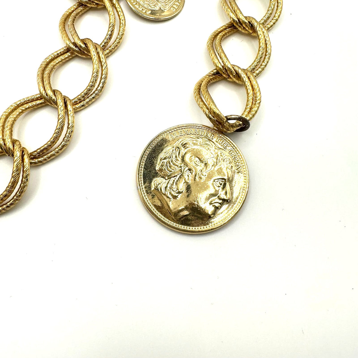 1980s 1990s vintage gold tone Alexander the Great coins adjustable chain belt