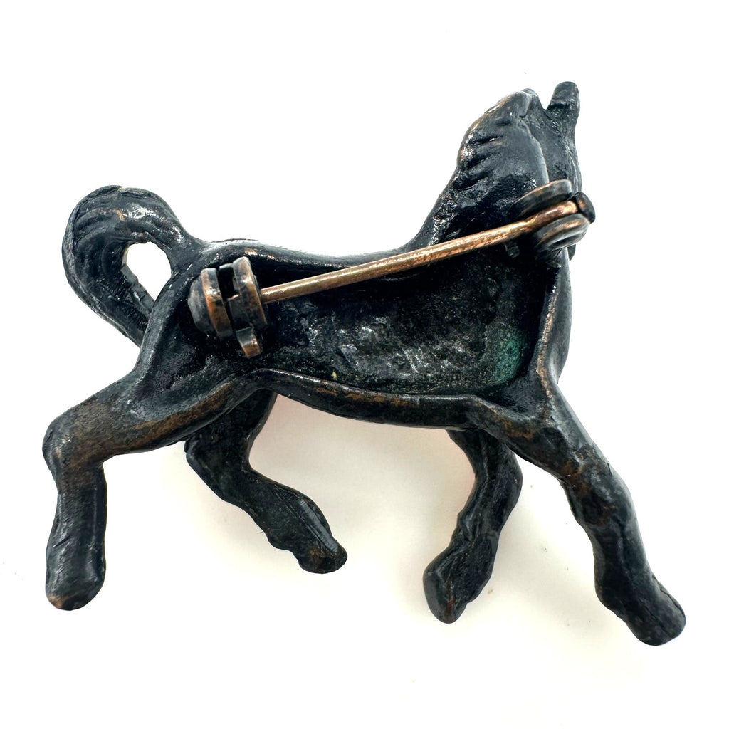 Vintage midcentury solid copper gold tone 3D horse figural brooch pin