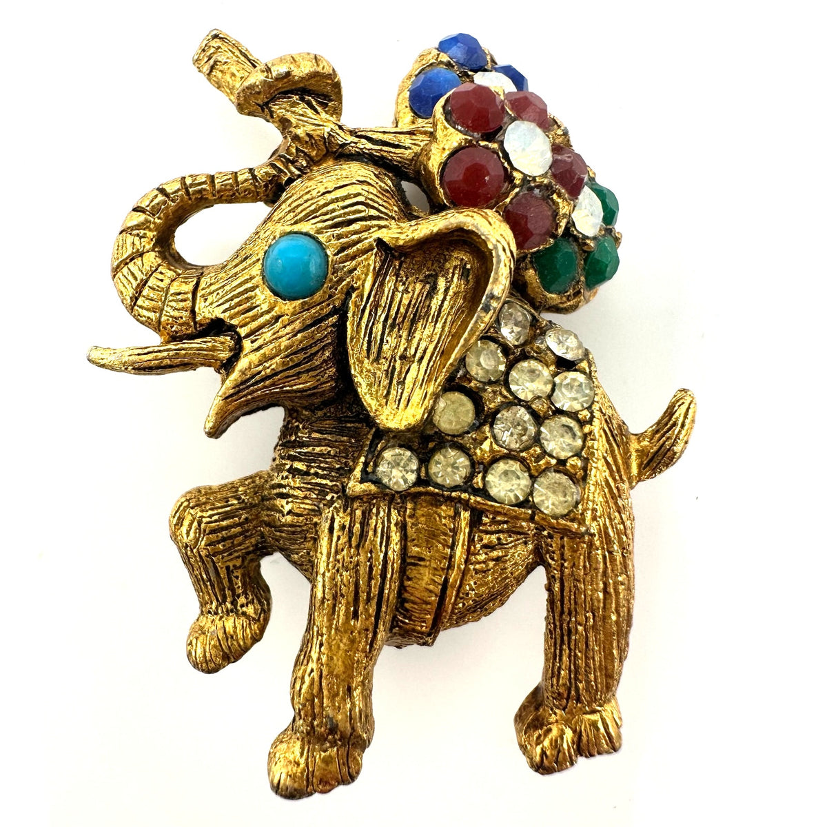 Vintage gold tone multicolor rhinestones elephant flowers figural brooch