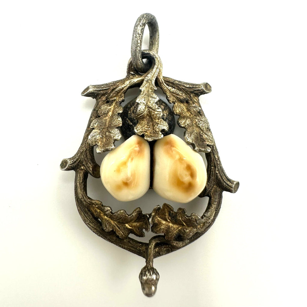 Antique Victorian Edwardian 800 silver real deer teeth acorn leaves pendant