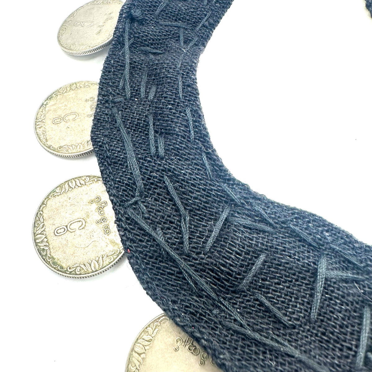 Vintage real Burmese coins beaded cowrie shells black bib statement necklace