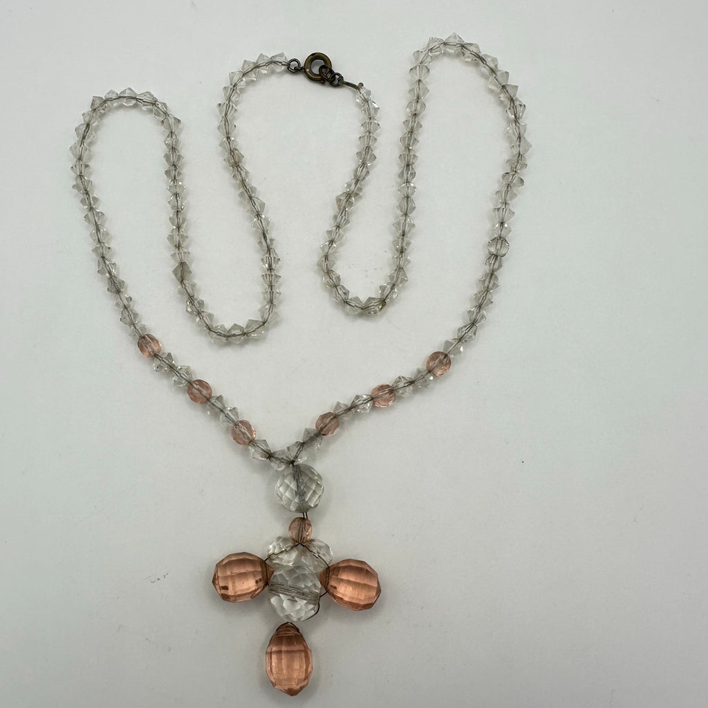 Antique Art Deco 1930s clear peach Czech glass beads beaded graduated necklace