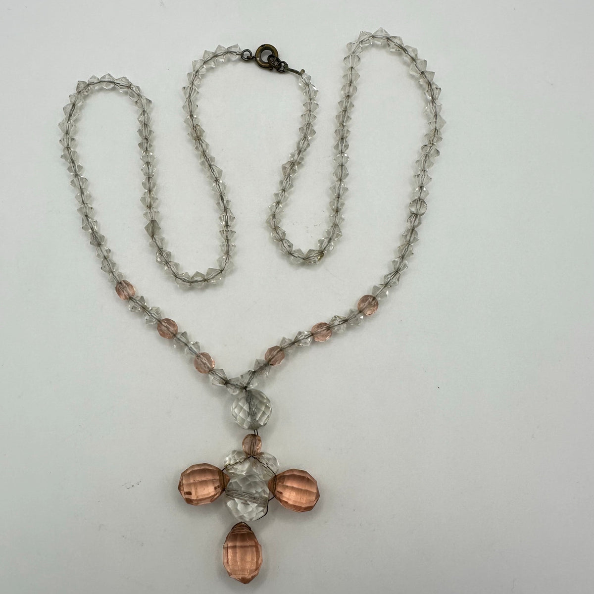 Antique Art Deco 1930s clear peach Czech glass beads beaded graduated necklace