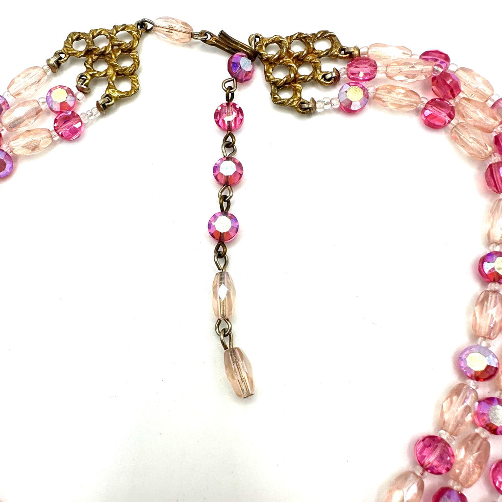 Vintage 3 triple multi strand pink AB aurora borealis glass beaded necklace