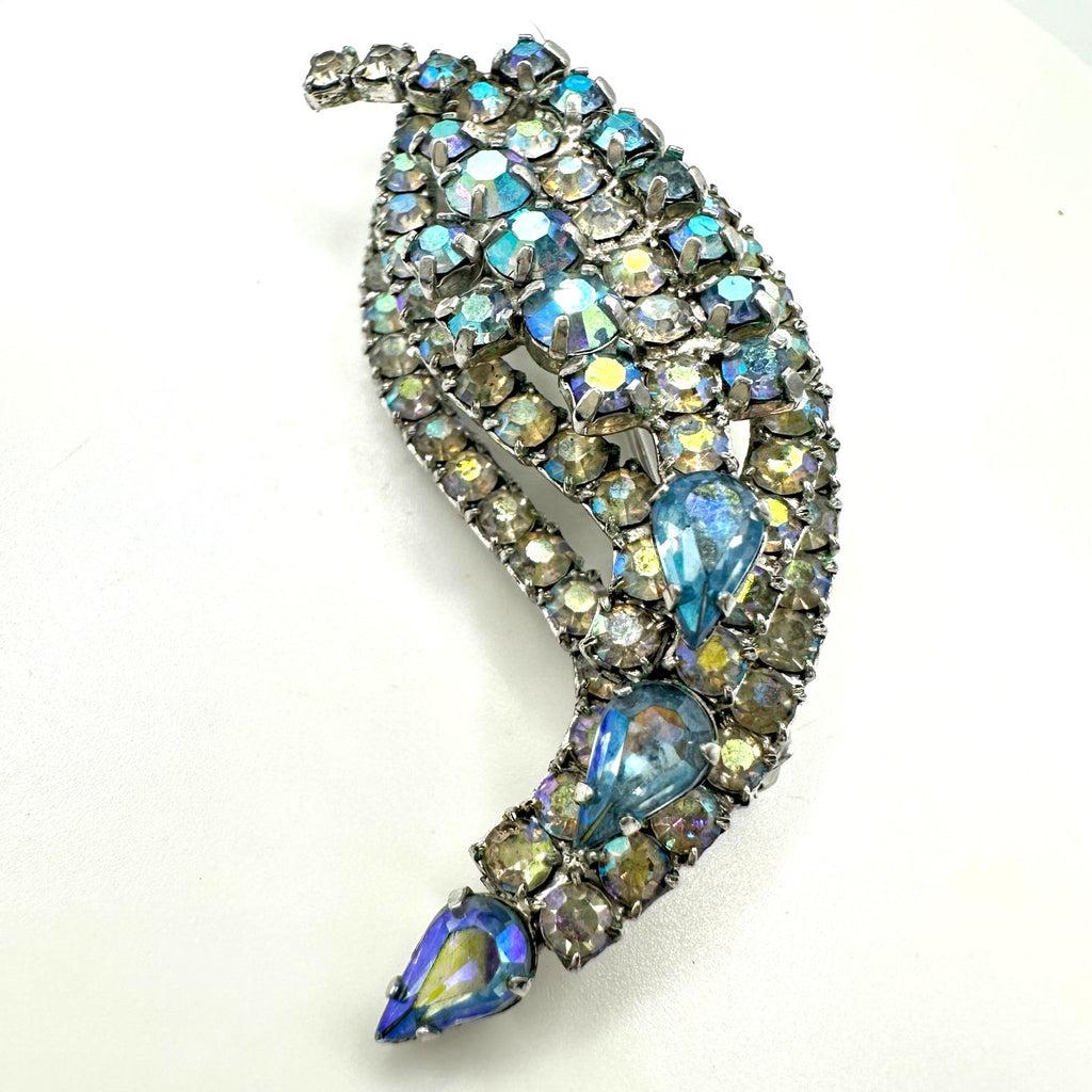 Jay Flex signed vintage sterling silver clear blue AB rhinestones paisley brooch