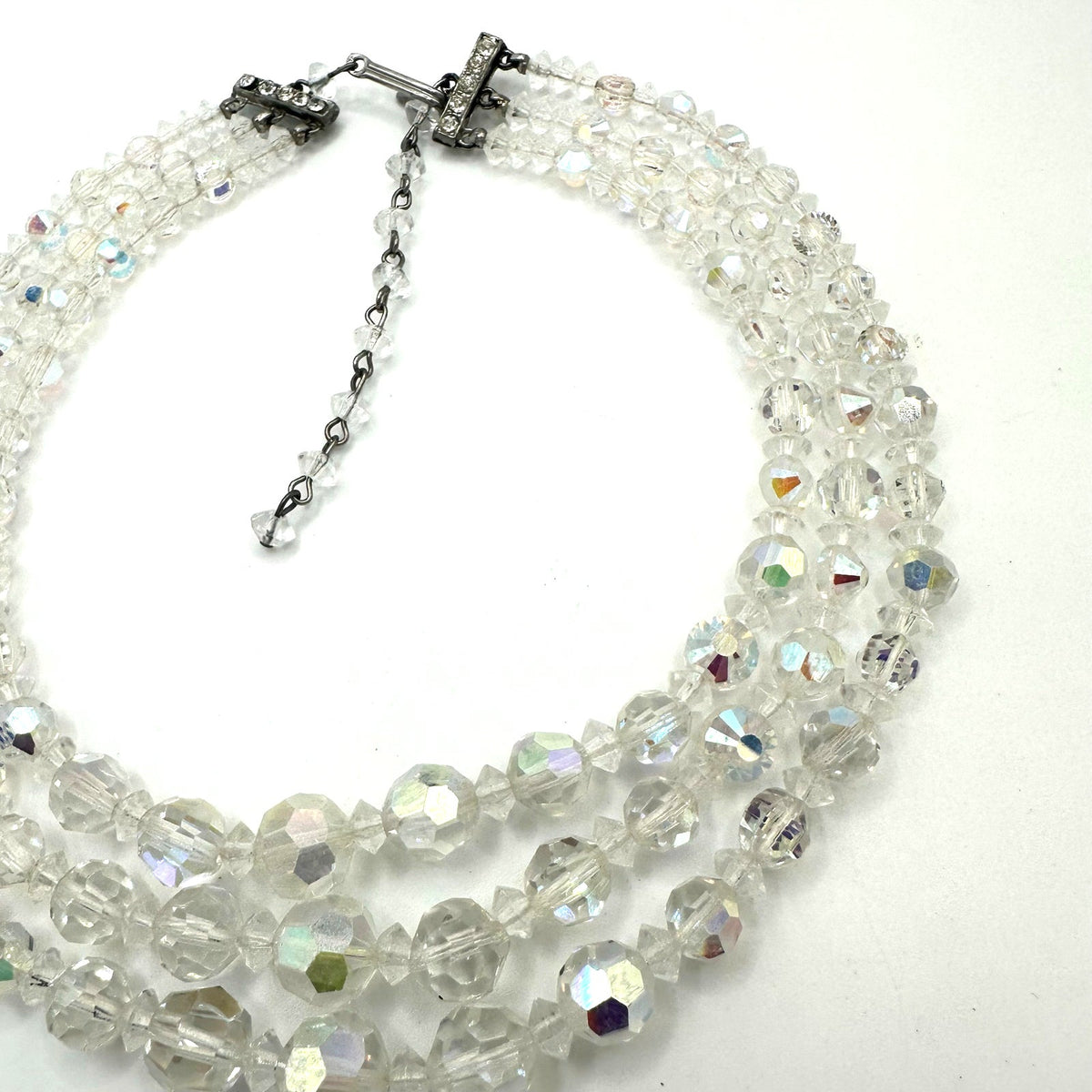 Vintage 3 triple strand clear AB aurora borealis glass beaded graduated necklace