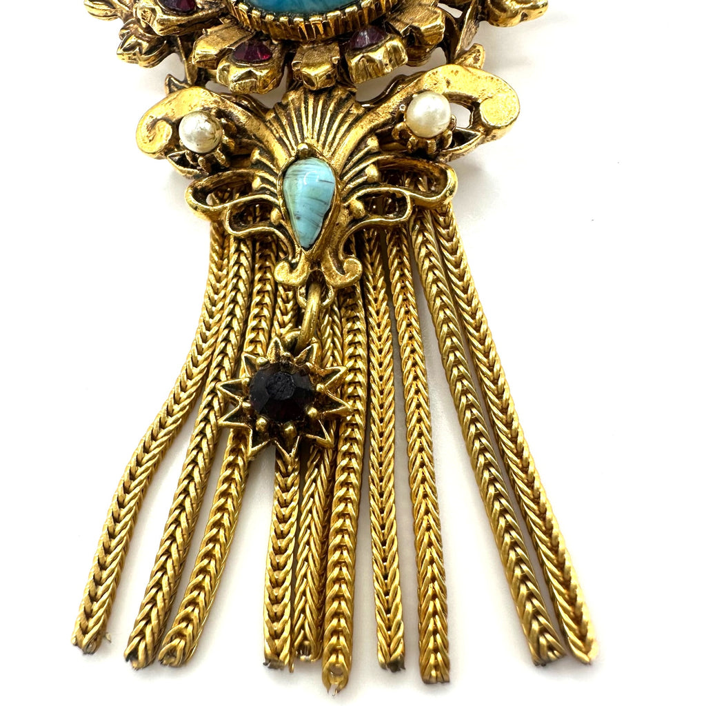 Florenza Victorian Revival gold tone fringe rhinestones art glass brooch pendant