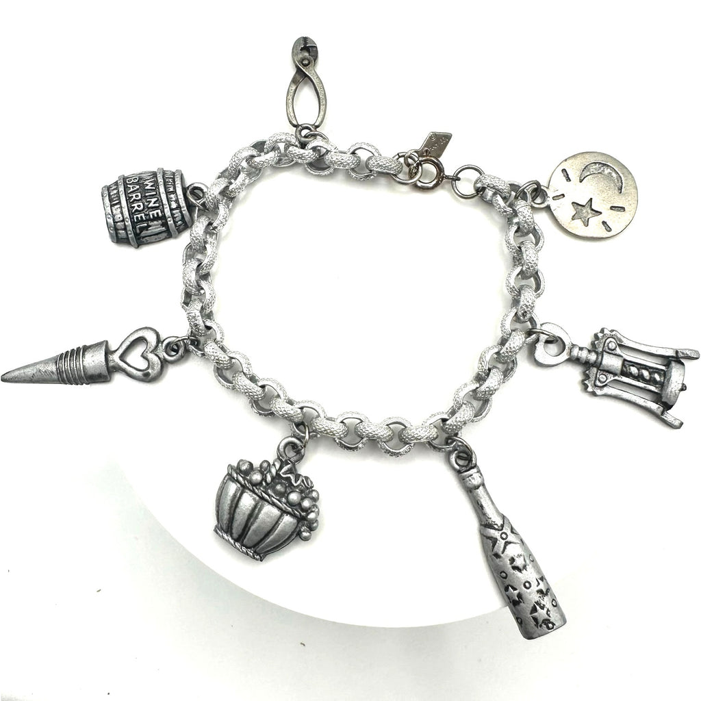 Vintage Sarah Coventry silver tone chain handmade wine charms bracelet 7.75"