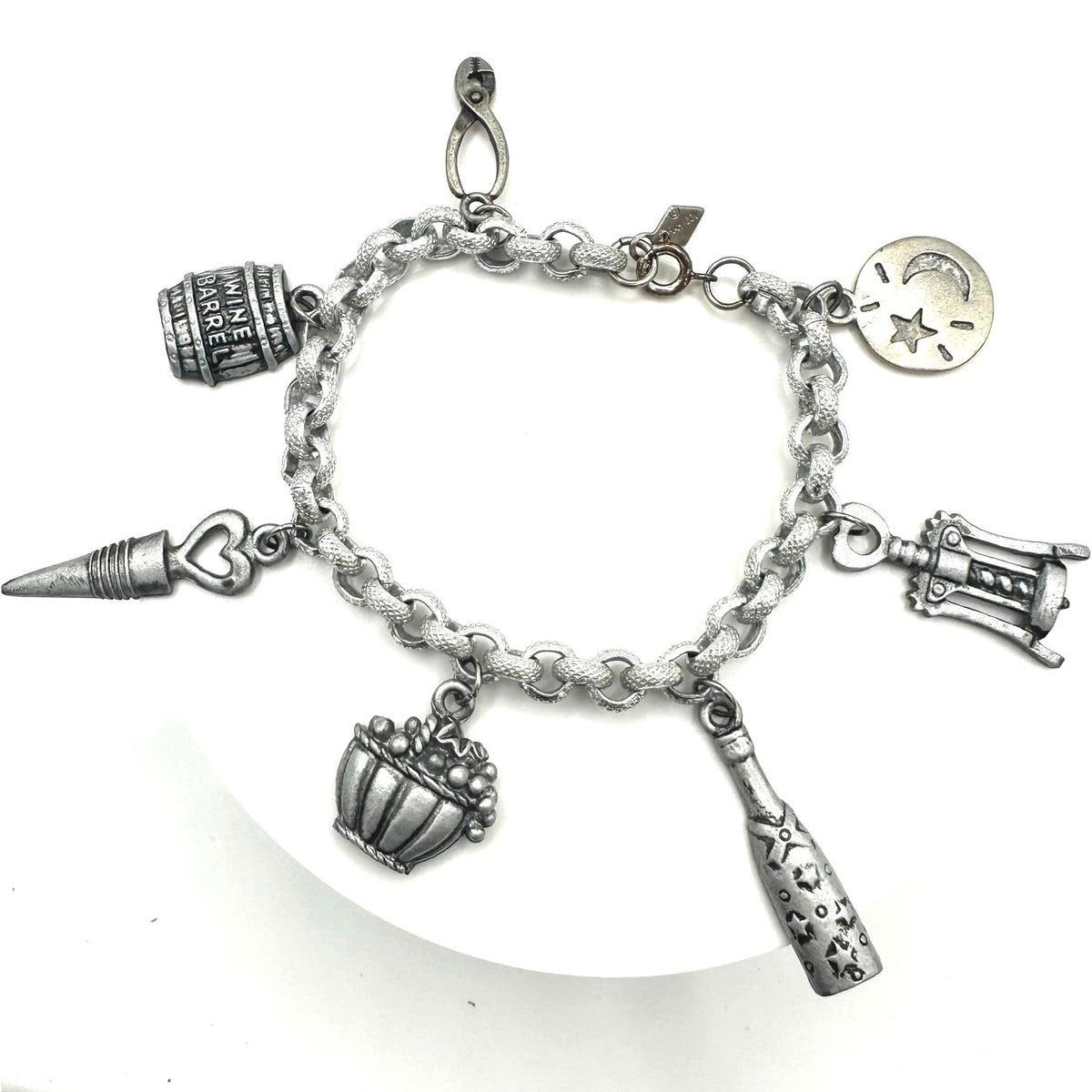 Vintage Sarah Coventry silver tone chain handmade wine charms bracelet 7.75"