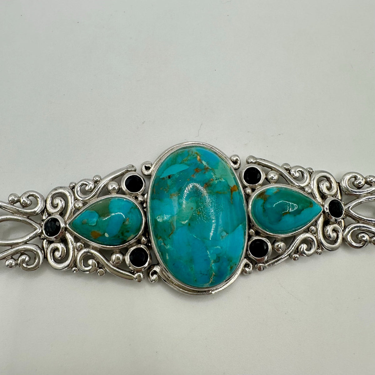 NF Thailand 925 sterling silver turquoise cabochons black rhinestones bracelet