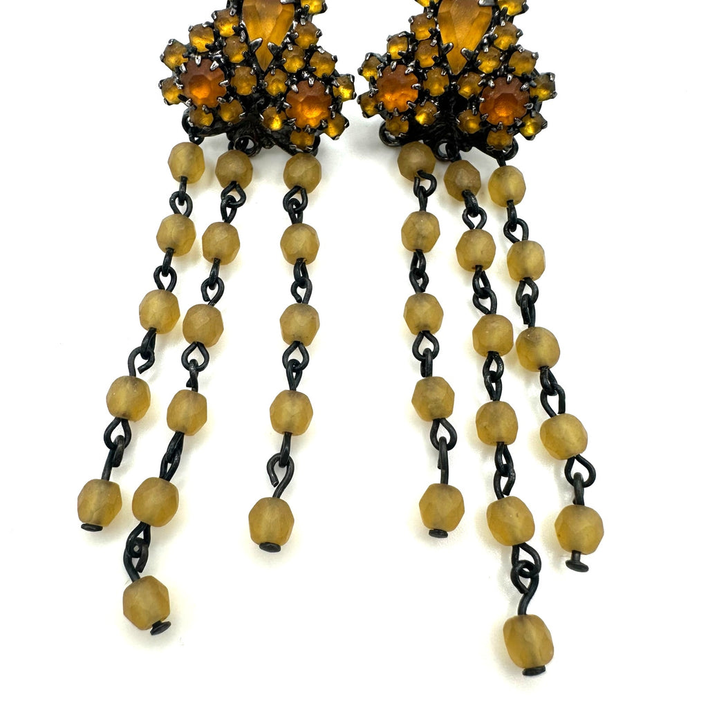 Vintage silver pewter tone topaz rhinestones beaded fringe drop post earrings