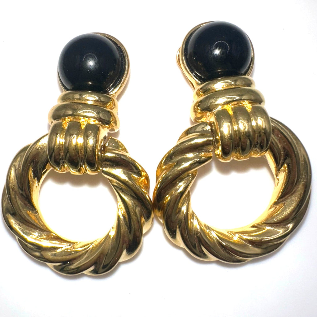 Replica signed vintage gold tone black lucite door knocker clip on earrings