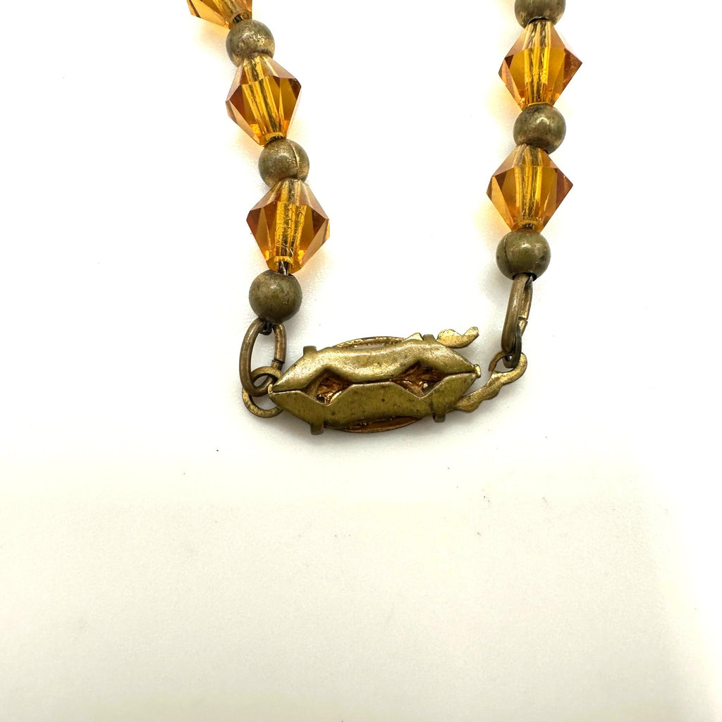 Antique Art Deco amber topaz Czech glass rondelles beaded 16” chain necklace