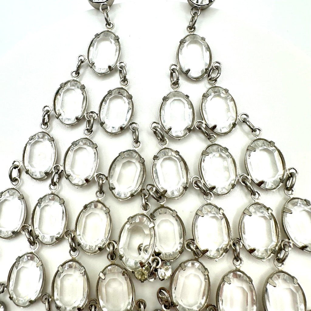 Vintage silver tone clear bezel collet set rhinestones 5" drop post earrings