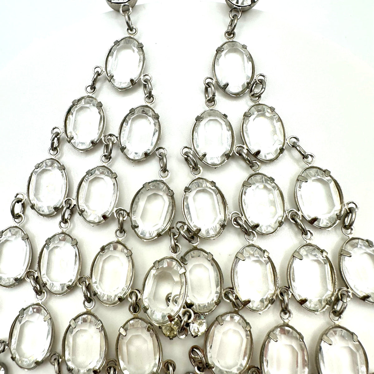Vintage silver tone clear bezel collet set rhinestones 5" drop post earrings