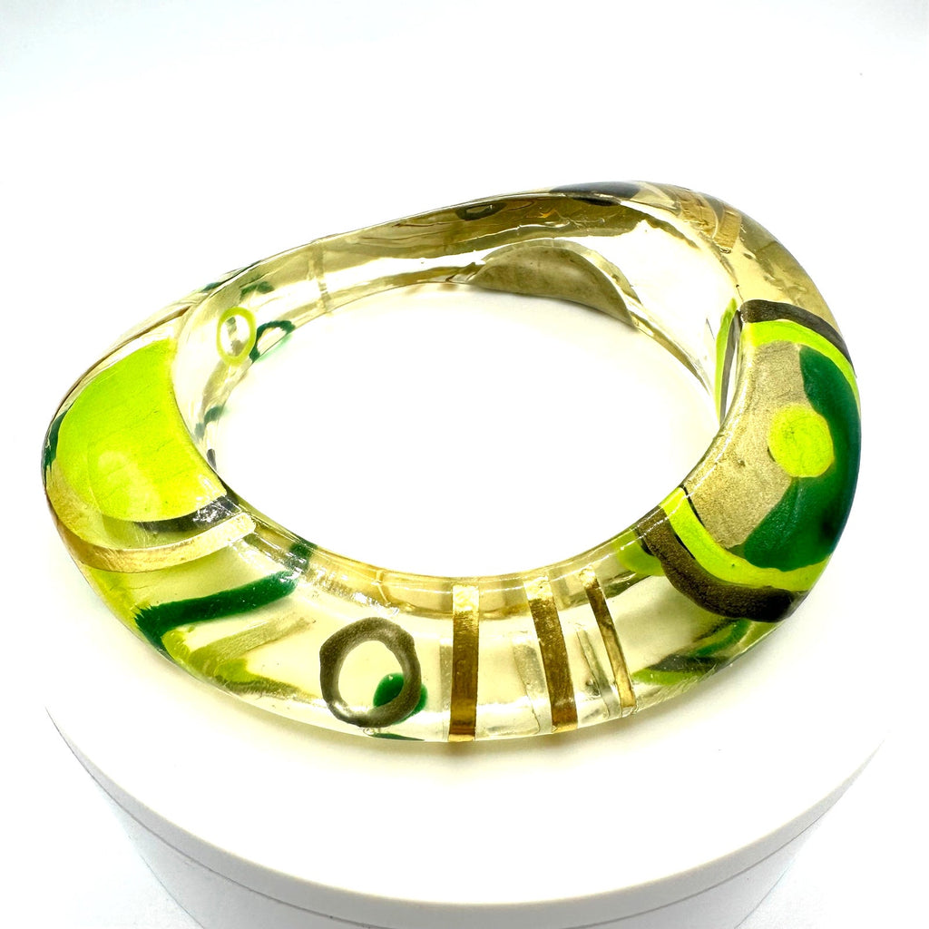 Vintage clear lucite/acrylic hand painted green gold chunky bangle bracelet