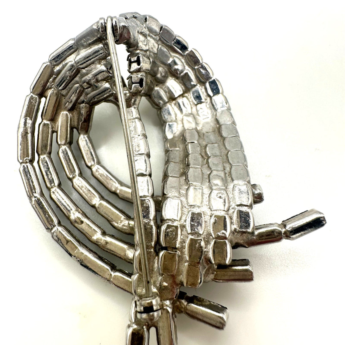 Vintage 1950s silver tone clear Montana blue baguette rhinestones 3D brooch