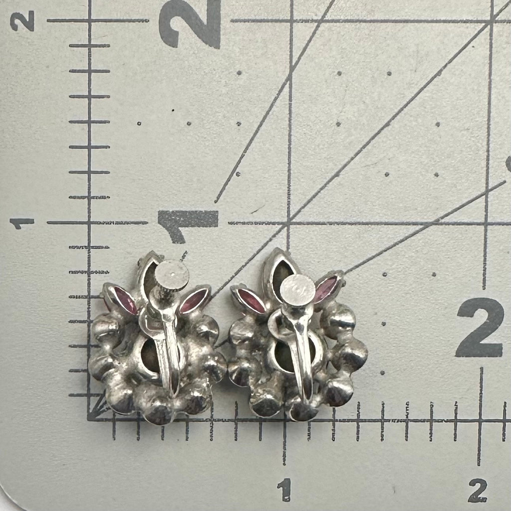 Vintage silver tone pink purple clear glass rhinestones screw back earrings