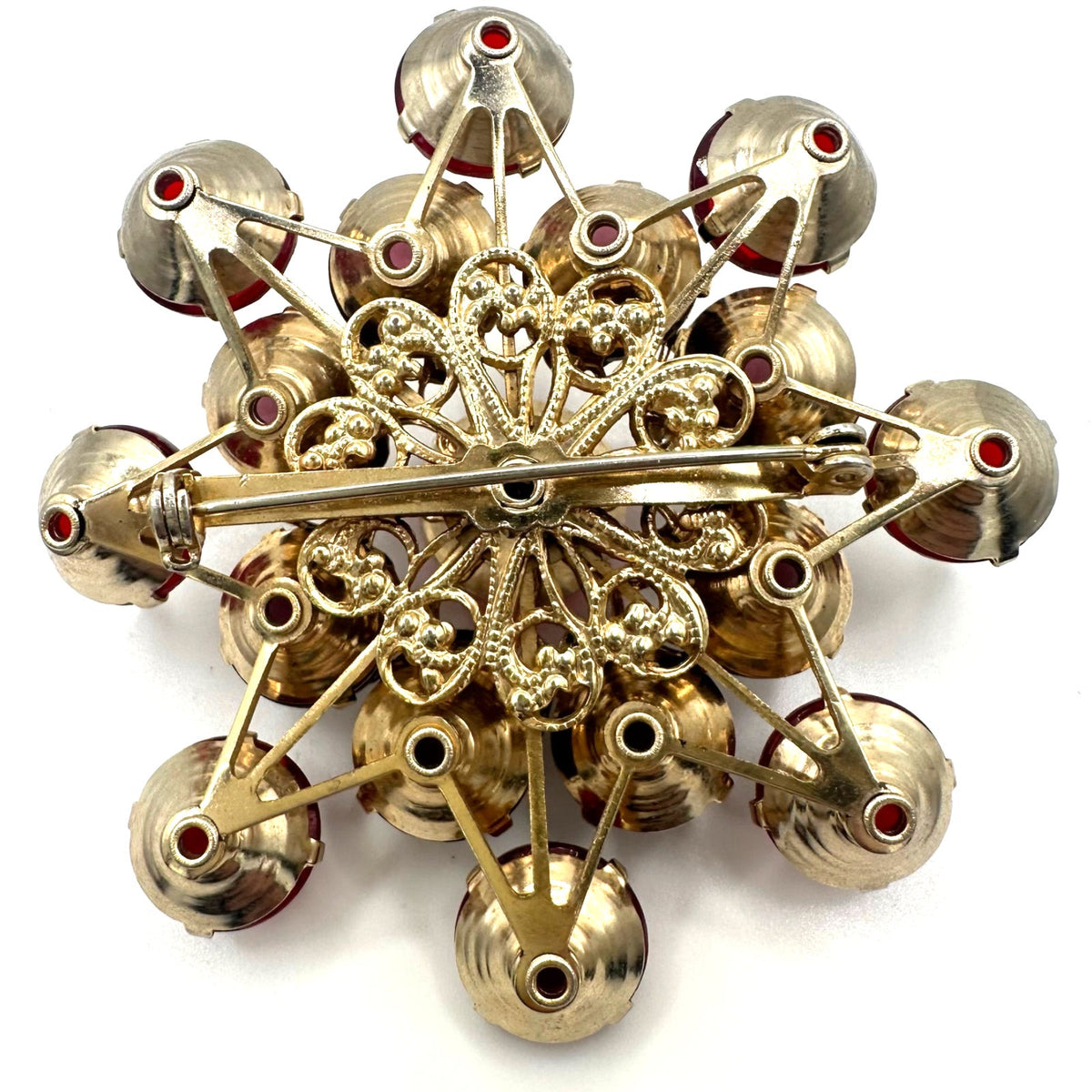 Vintage gold tone red pink purple UV cadmium glass rhinestones large brooch